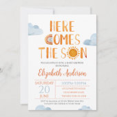 Hier kommt die Sonnenschirm-Babydusche Einladung (Vorderseite)