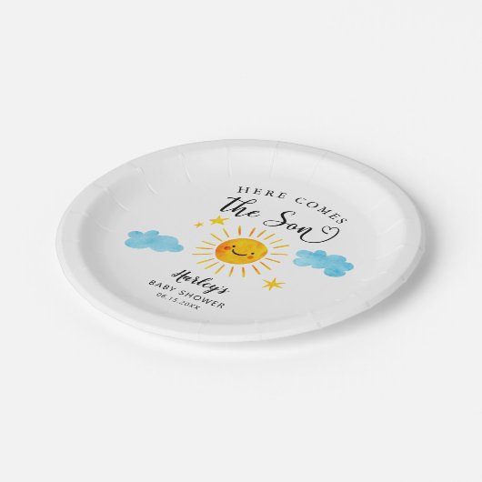 Hier kommt die Sonnenschirm-Babydusche Pappteller (Schrägansicht)