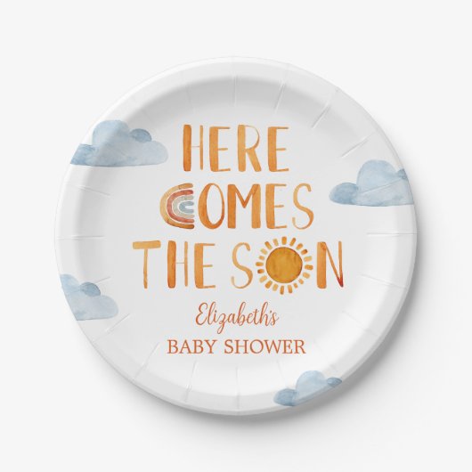 Hier kommt die Sonnenschirm-Babydusche Pappteller (Vorderseite)