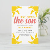 Hier kommt die sonnige Baby-Dusche-Einladung Einladung (Stehend Vorderseite)