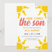 Hier kommt die sonnige Baby-Dusche-Einladung Einladung (Vorne/Hinten)