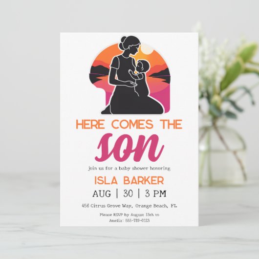 Hier kommt die sonnige Baby-Dusche-Einladung Einladung (Stehend Vorderseite)