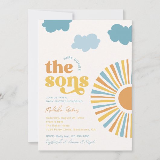 Hier kommt die Sons Twin Boy Baby Shower Einladung (Vorderseite)