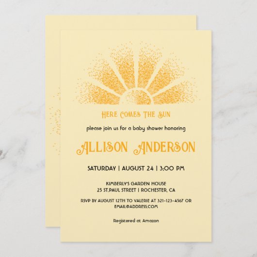 Hier kommt die Sun Baby Dusche Einladung (Vorne/Hinten)