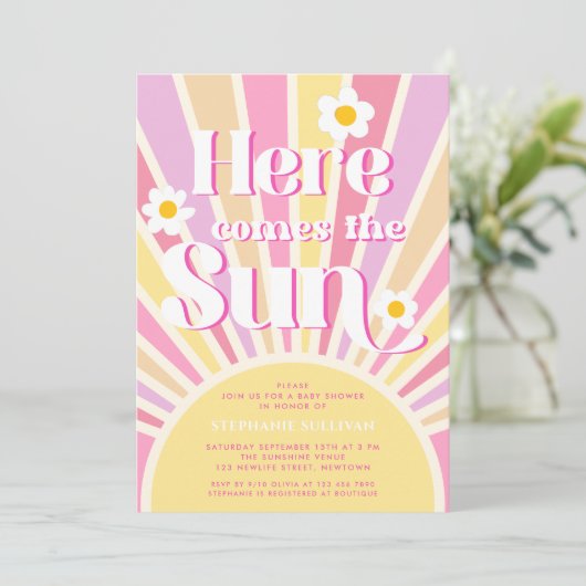 Hier kommt die Sun Girl Baby Dusche Einladung (Stehend Vorderseite)