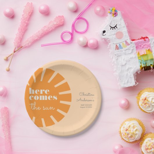 Hier kommt die Sun Retro Baby Dusche Pappteller (Party)