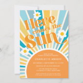 Hier kommt die Sun Retro Babydusche Einladung (Vorderseite)