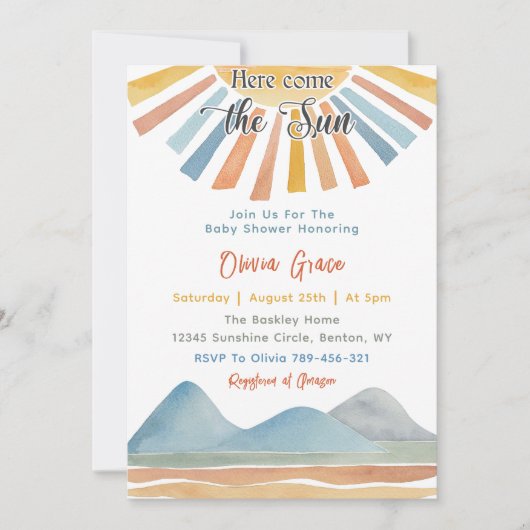 Hier kommt die Sun Retro Rainbow Baby Dusche Einladung (Vorderseite)