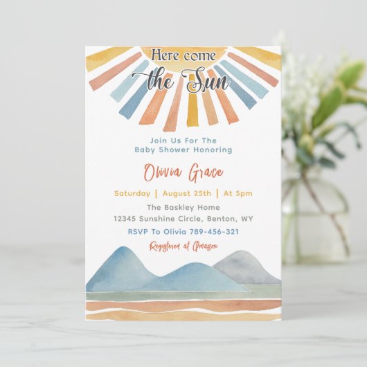 Hier kommt die Sun Retro Rainbow Baby Dusche Einladung (Stehend Vorderseite)