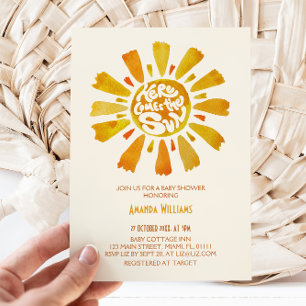 Hier kommt die Sun Watercolor Babydusche Einladung