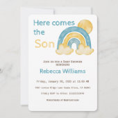 Hier kommt Son Sunshine Blue Rainbow Baby Dusche Einladung (Vorderseite)