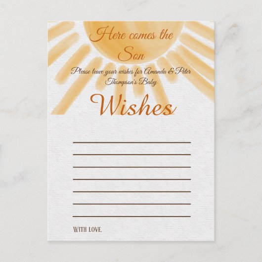 Hier kommt Sunshine Baby Shower Baby Wish Game Postkarte (Vorderseite)