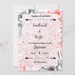 High-Contrast Red Speckle & Black Line Art Floral Einladung