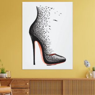 High Heel Birds Wandkunst – Surrealer Modeschuh Leinwanddruck