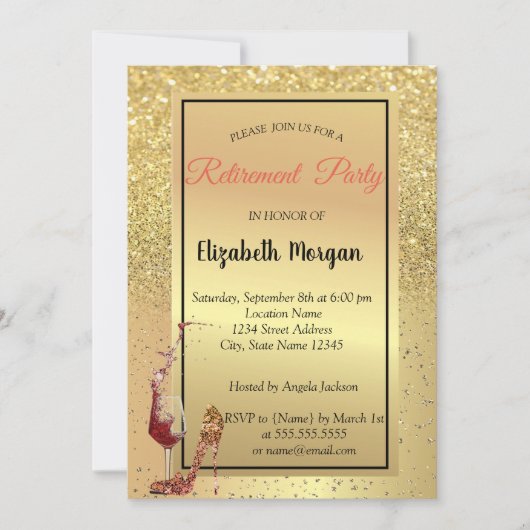 High Heel, Glass, Rot, Gold Glitzer Ruhestand Part Einladung (Vorderseite)
