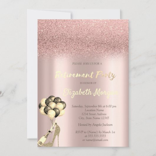 High Heel Rose Gold Glitzer Bokeh Rente Party Einladung (Vorderseite)