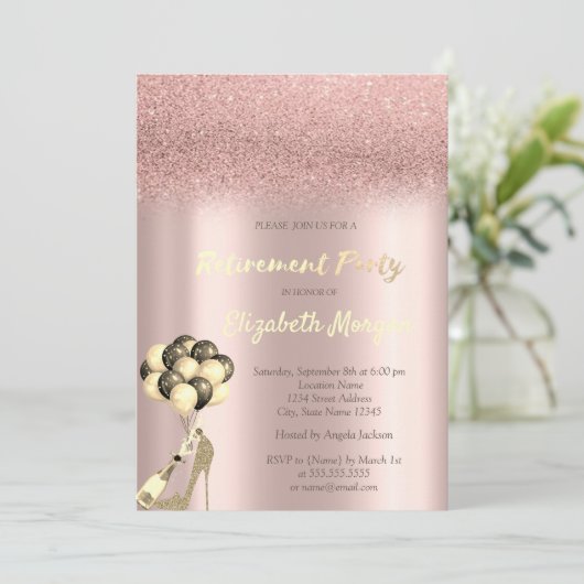High Heel Rose Gold Glitzer Bokeh Rente Party Einladung (Stehend Vorderseite)