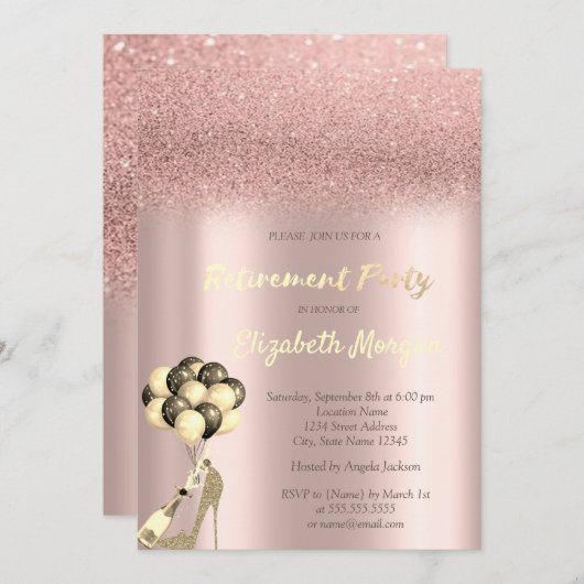 High Heel Rose Gold Glitzer Bokeh Rente Party Einladung (Vorne/Hinten)