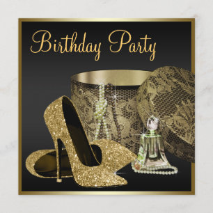 High Heel Schuhe Damen Schwarz und Gold Geburtstag Einladung