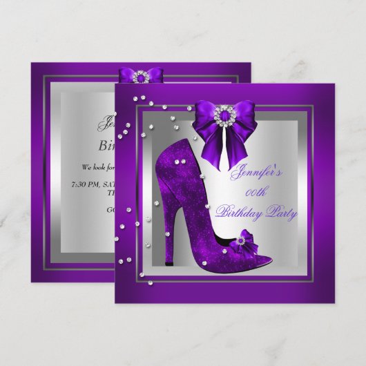 High Heel Shoe Silver Lila Geburtstagsparty Einladung (Vorne/Hinten)