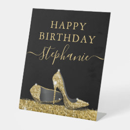 High Heel Shoel Black and Gold Glitzer Geburtstag Sockelschild