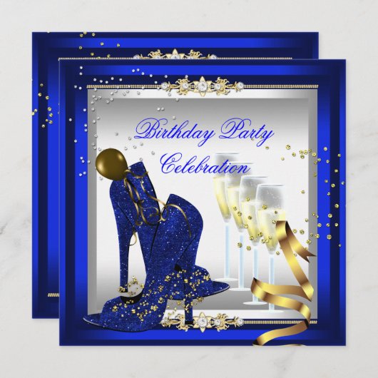 High Heel Shoes Champagne Royal Blue Gold Einladung (Vorne/Hinten)