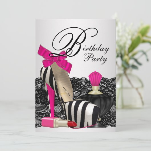 High Heel Shoes Hot Pink Zebra Party Einladung (Stehend Vorderseite)