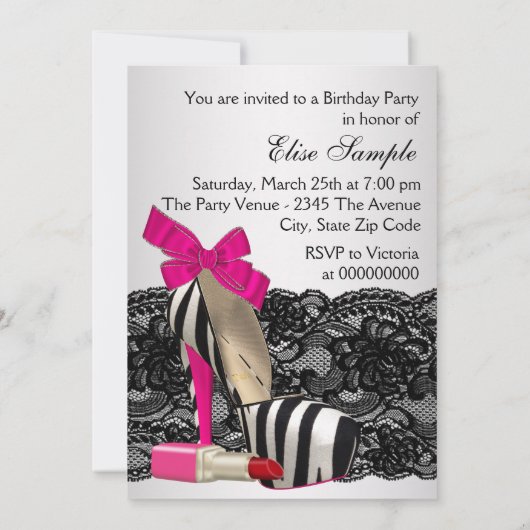 High Heel Shoes Hot Pink Zebra Party Einladung (Rückseite)