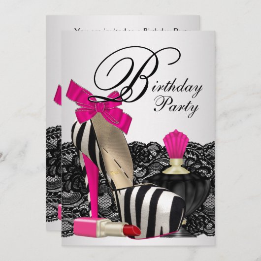 High Heel Shoes Hot Pink Zebra Party Einladung (Vorne/Hinten)
