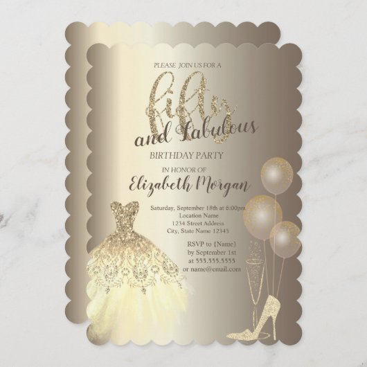 High Heels, Dress, Champagner 50. Geburtstag Einladung (Vorne/Hinten)