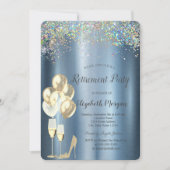 High Heels, farbenfrohe Confetti Blaue Rente Einladung (Vorderseite)