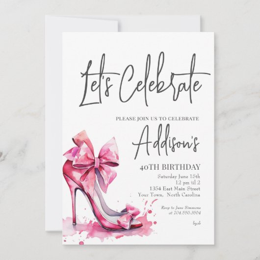 High Heels Pink bow 40th Birthday Party Invitation Einladung (Vorderseite)