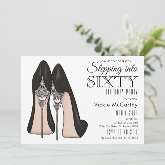 High Heels Stepping in Sixty Birthday Party Einladung (Stehend Vorderseite)
