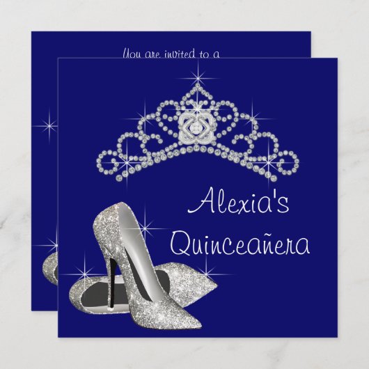 High Heels Tiara Royal Blue Quinceanera Einladung (Vorne/Hinten)