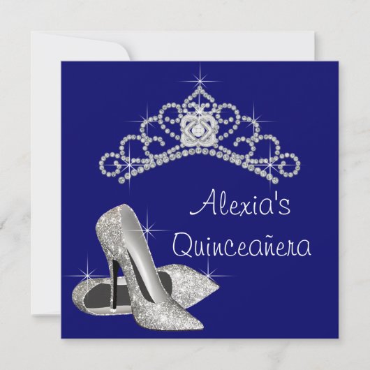 High Heels Tiara Royal Blue Quinceanera Einladung (Vorderseite)