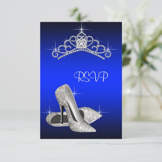 High Heels Tiara Royal Blue Quinceanera UAWG RSVP Karte (Stehend Vorderseite)