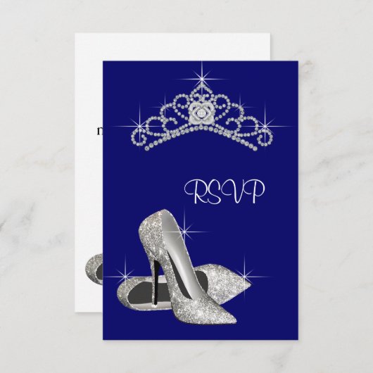 High Heels Tiara Royal Blue Quinceanera UAWG RSVP Karte (Vorne/Hinten)