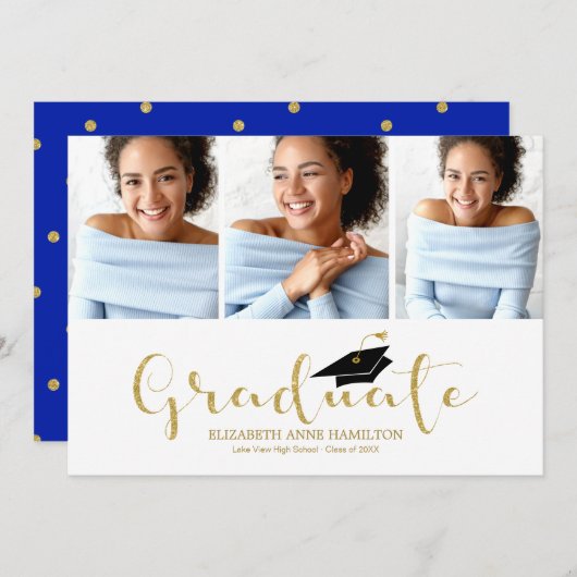 High School 3 Foto Gold Glitzer Calligrafy Grad Ankündigung (Vorne/Hinten)