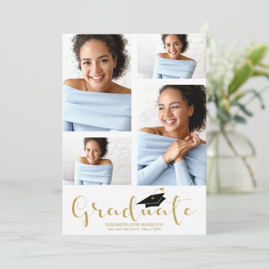 High School 4 Foto Gold Glitzer Grad Bekanntgabe Ankündigung (Stehend Vorderseite)
