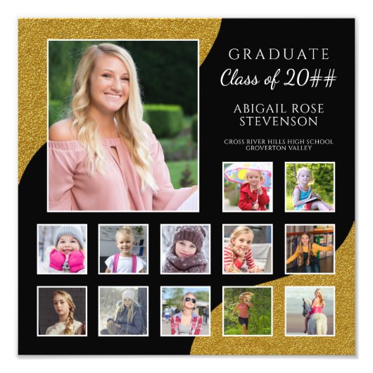 High School Abschluss FotoCollage K-12 Gold Fotodruck (Vorne)