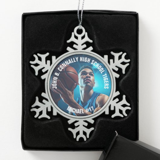 High School Basketball Player Photo Schneeflocken Zinn-Ornament (Box)