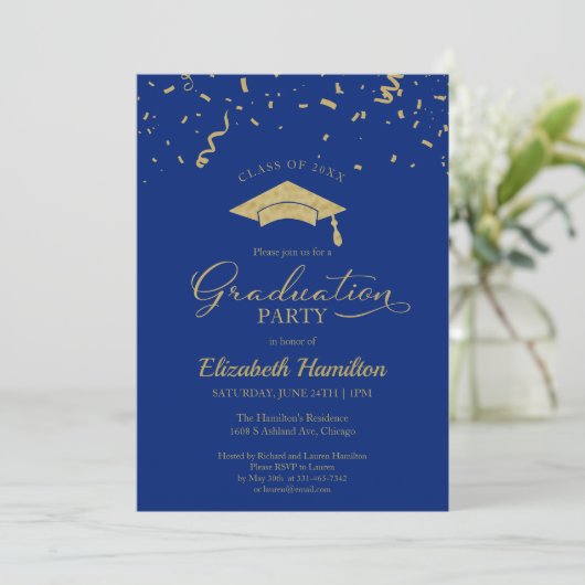 High School Grad Party Gold Confetti Blue Einladung (Stehend Vorderseite)
