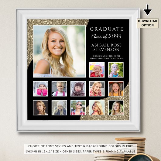 High School K-12 Foto Collage Black Gold Glitzer Poster