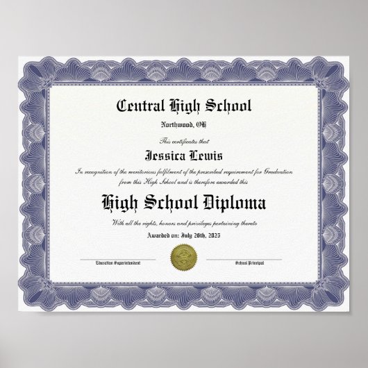 High School Keepsake Graduation Diploma Poster (Vorne)