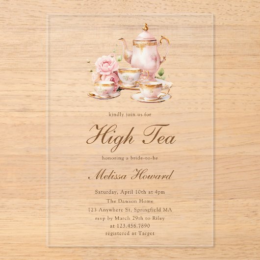 High Tea Pastel Gold Bridal Shower Acryleinladungen (Vorderseite)