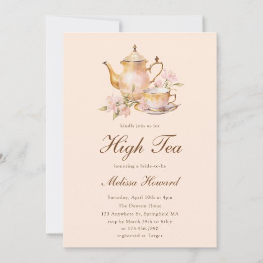 High Tea Pastel Orange Gold Bridal Shower Einladung (Vorderseite)