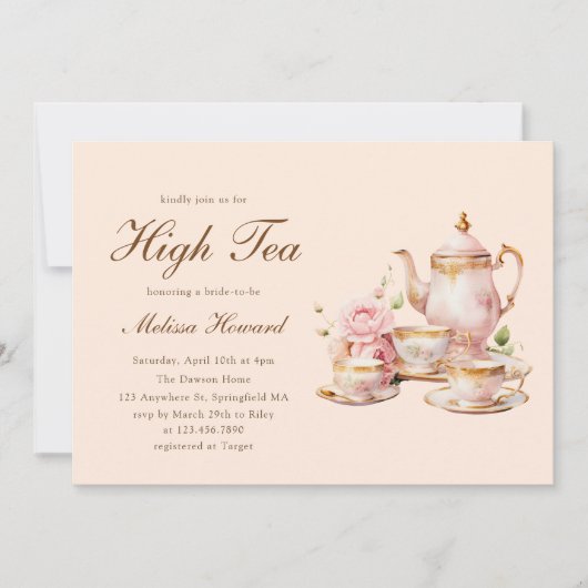 High Tea Pastel Orange Gold Bridal Shower Einladung (Vorderseite)