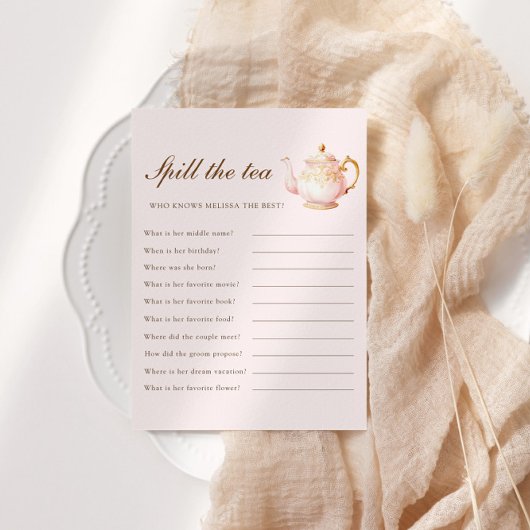 High Tea Pastel Pink Bridal Shower Party Game Begleitkarte