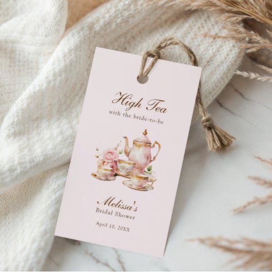 High Tea Pastel Rosa Goldene Hochzeitsdusche Geschenkanhänger