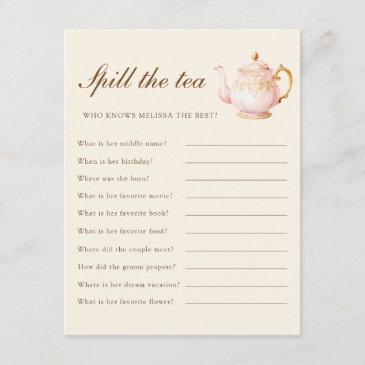 High Tea Pastel Yellow Bridal Shower Party Game Begleitkarte (Vorderseite)